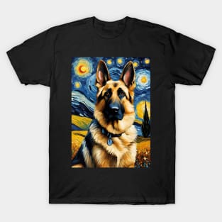 German Shepherd Dog Breed in a Van Gogh Starry Night Art Style T-Shirt